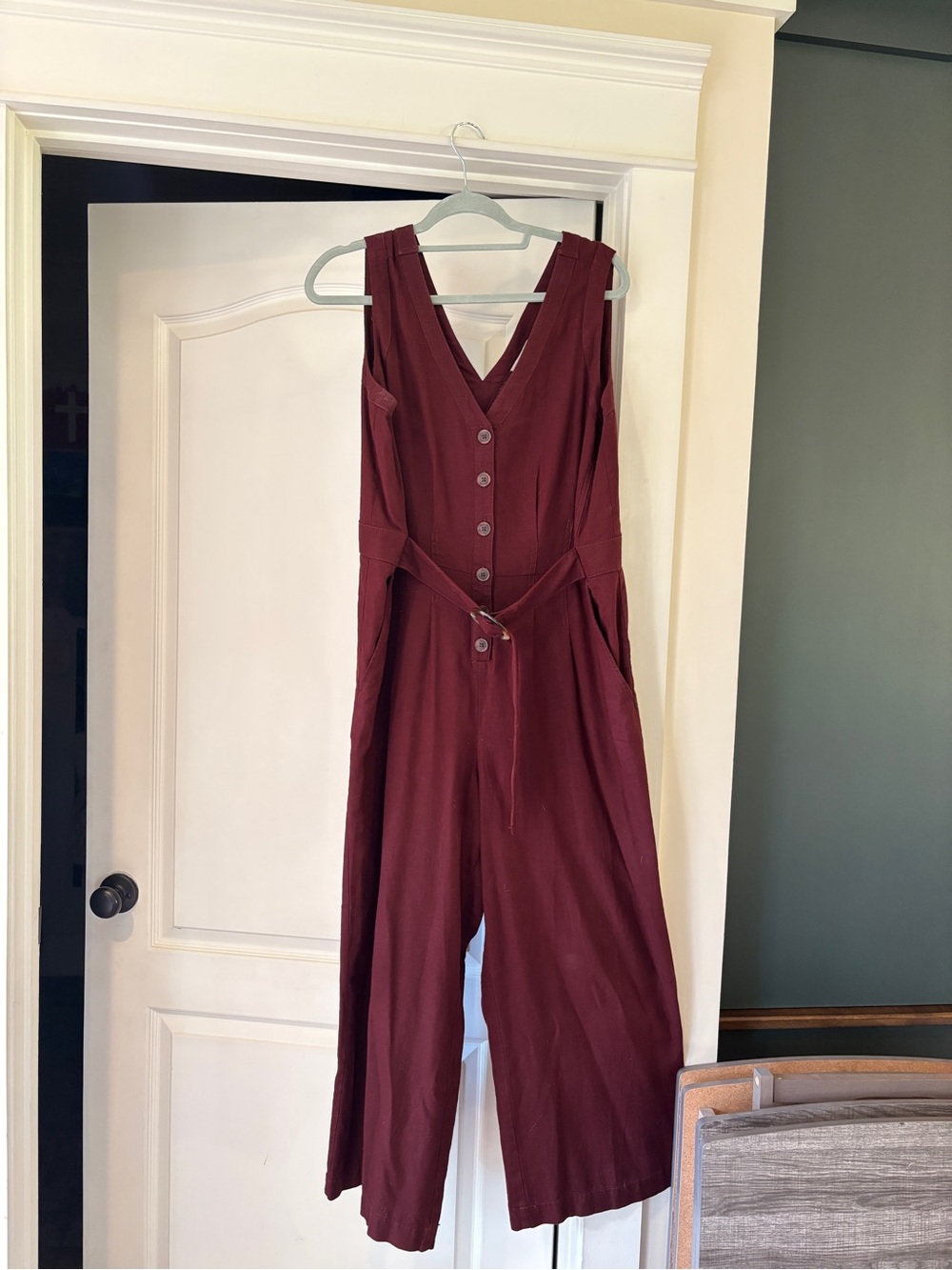 LOFT Sleeveless Button-Front Wide-Leg Linen Jumpsuit in Burgundy